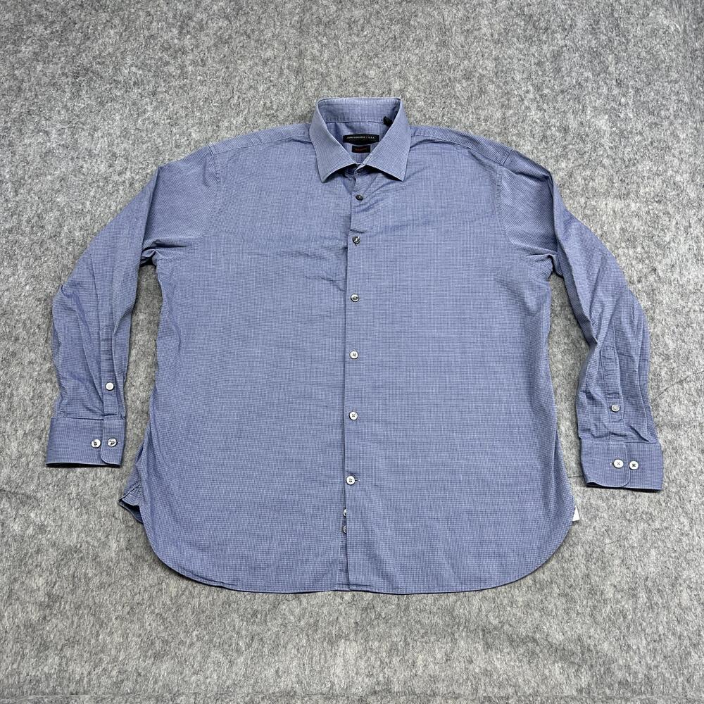 John Varvatos Dress Shirt Mens 17 32/33 Blue Herringbone Regular Fit Stretch